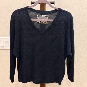 Anthropologie Navy Textured Knit V-Neck Sweater – XS (Floral Trim Detail)